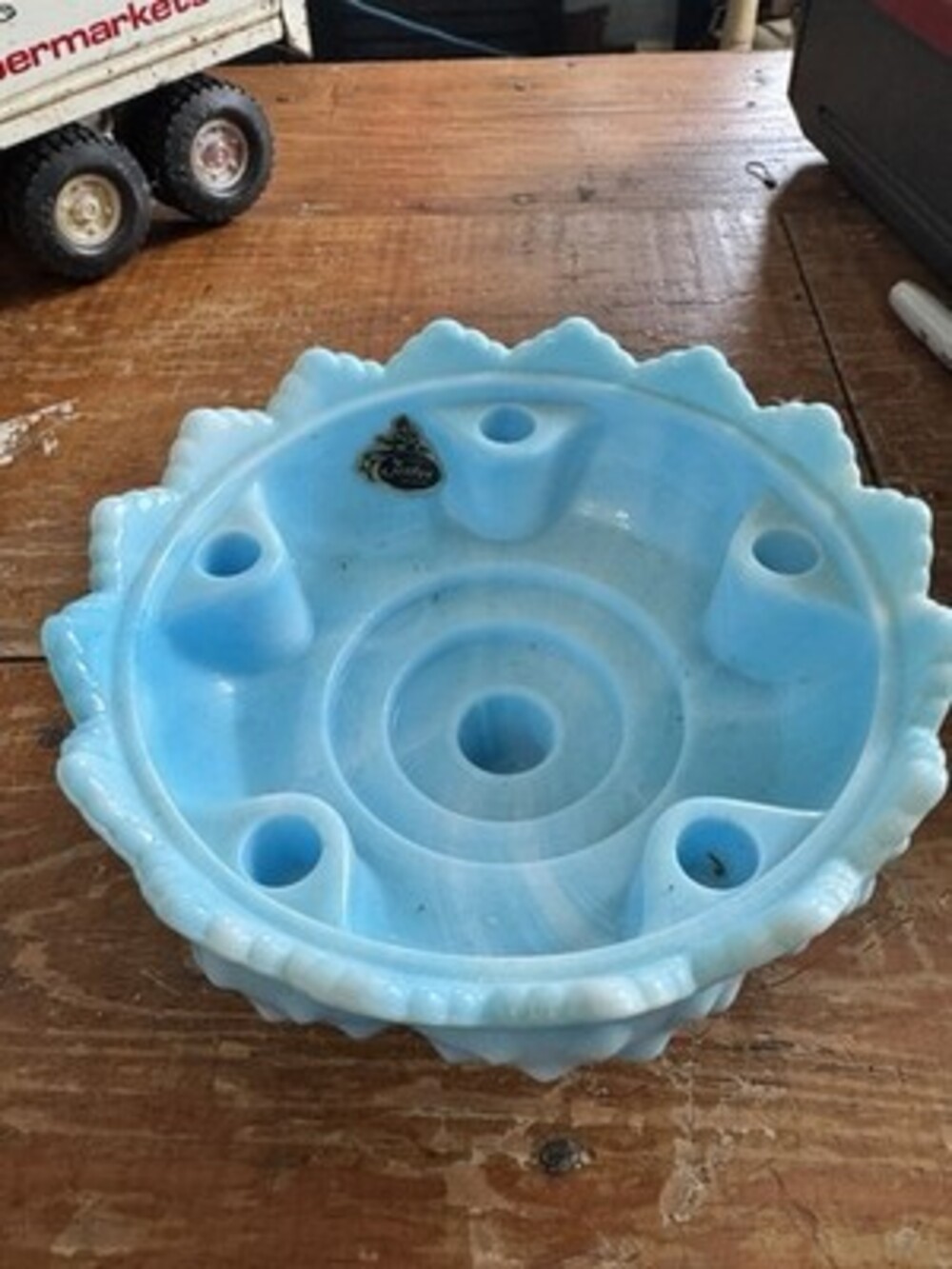 Vintage Fenton Hobnail Blue Milk Glass Pedestal Candle Holder W/ Sticker